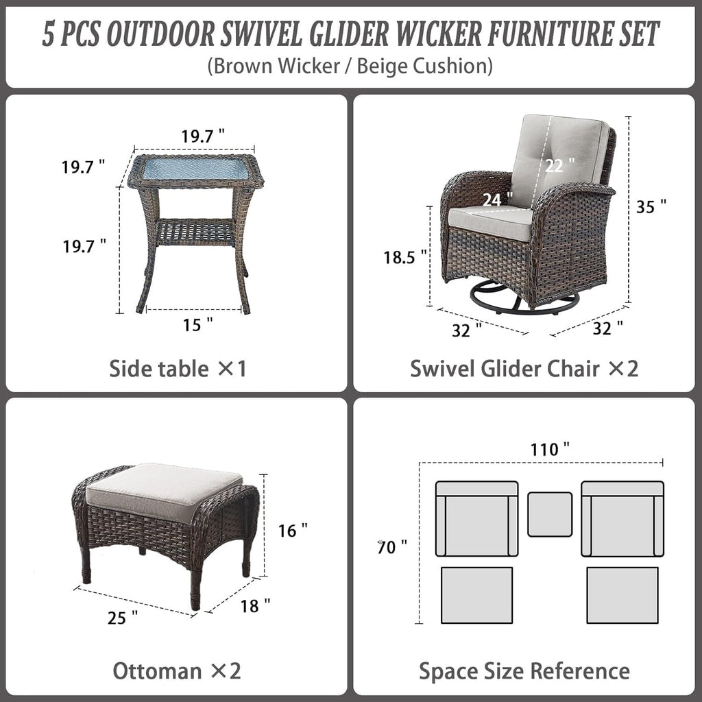 Belord 5 Piece Swivel Rocker Glider Outdoor Chairs Set of 2 with Ottoman and Glass Side Table Patio Bistro Furniture Set, Comfort High Back Wicker Patio Conversation Set for Deck Porch Sunroom
