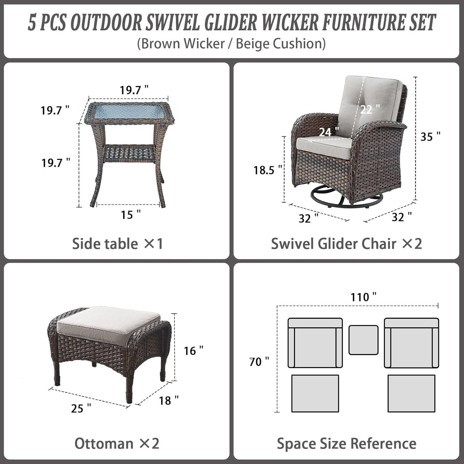 Belord 5 Piece Swivel Rocker Glider Outdoor Chairs Set of 2 with Ottoman and Glass Side Table Patio Bistro Furniture Set, Comfort High Back Wicker Patio Conversation Set for Deck Porch Sunroom