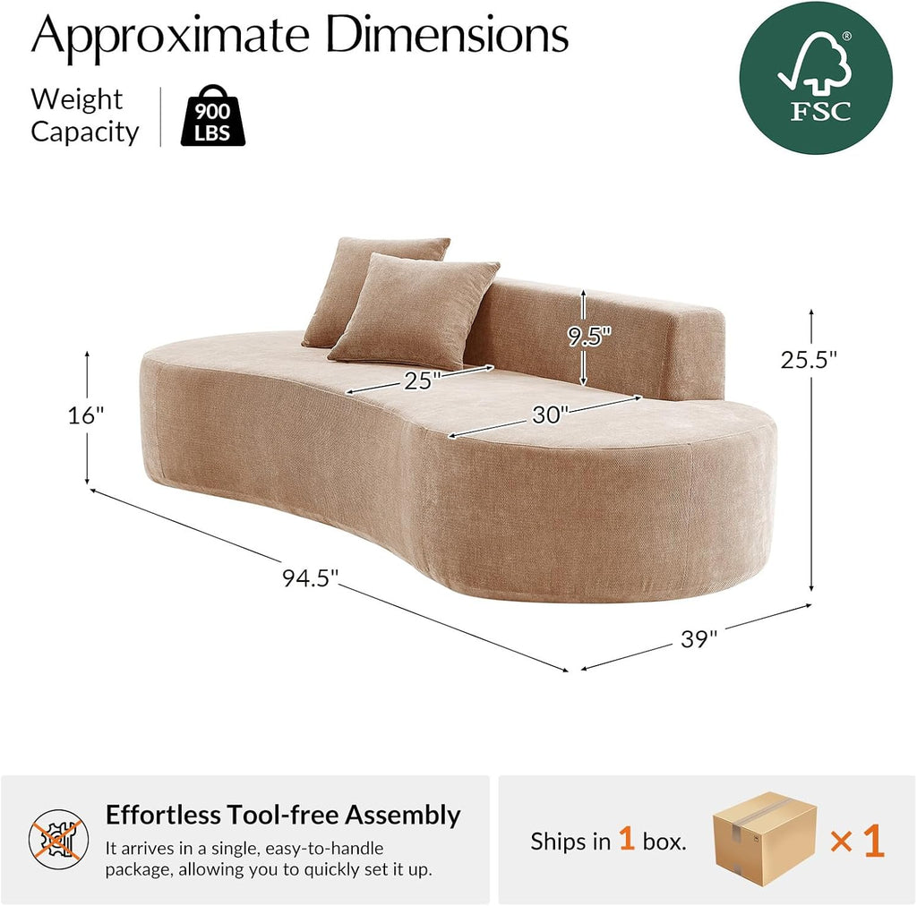 HULALA HOME 94.5' Curved Boneless Couch with Two Pillows, Oversized 3 Seater Compressed Foam Sofa with Deep Seat, Modern Cloud Couch for Living Room, No Assembly Required, Pink