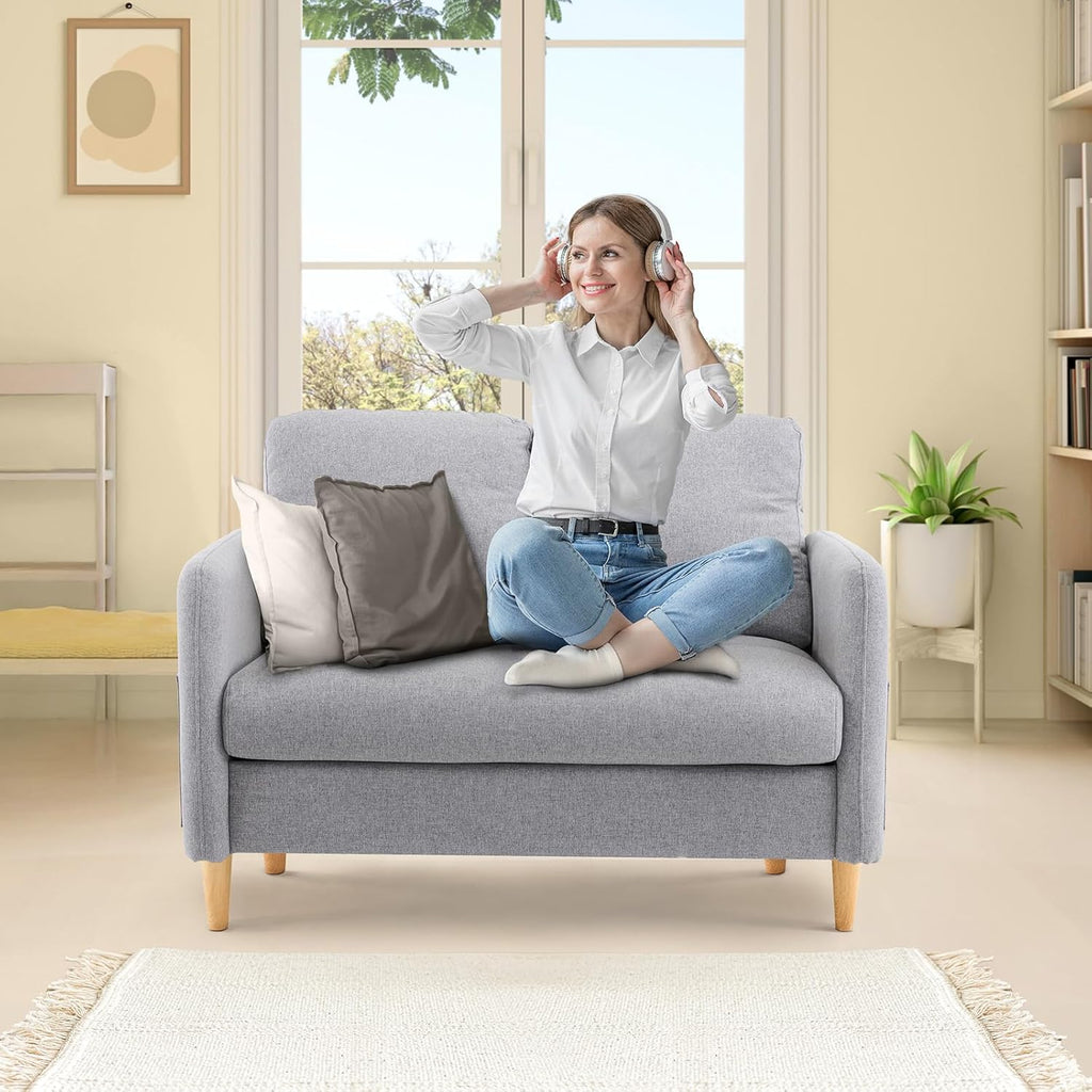 VINGLI 47' Small Couch, Linen Loveseat Sofa Light Grey Mini Couch Mid Century Modern Decor Love Seat for Small Spaces Living Room, Bedroom, Play Room