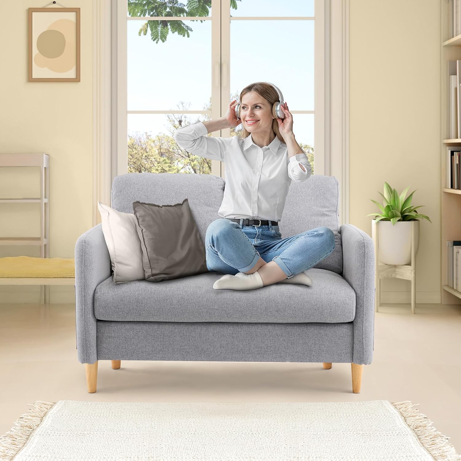 VINGLI 47' Small Couch, Linen Loveseat Sofa Light Grey Mini Couch Mid Century Modern Decor Love Seat for Small Spaces Living Room, Bedroom, Play Room