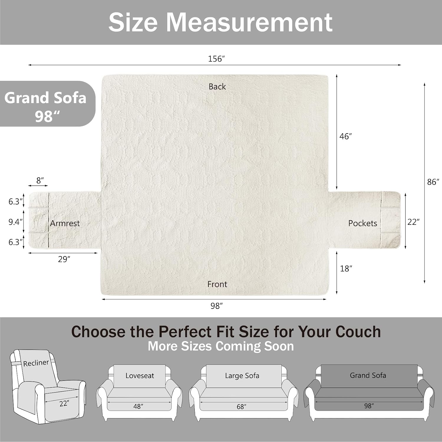 Quilted Grand Sofa Covers for 4 Cushion Couch, Couch Cover for Grand Sofa Washable, Soft Cozy Couch Protector, Oversized Grand Sofa Slipcovers Water-Repellent (Grand Sofa 98', Ivory White)