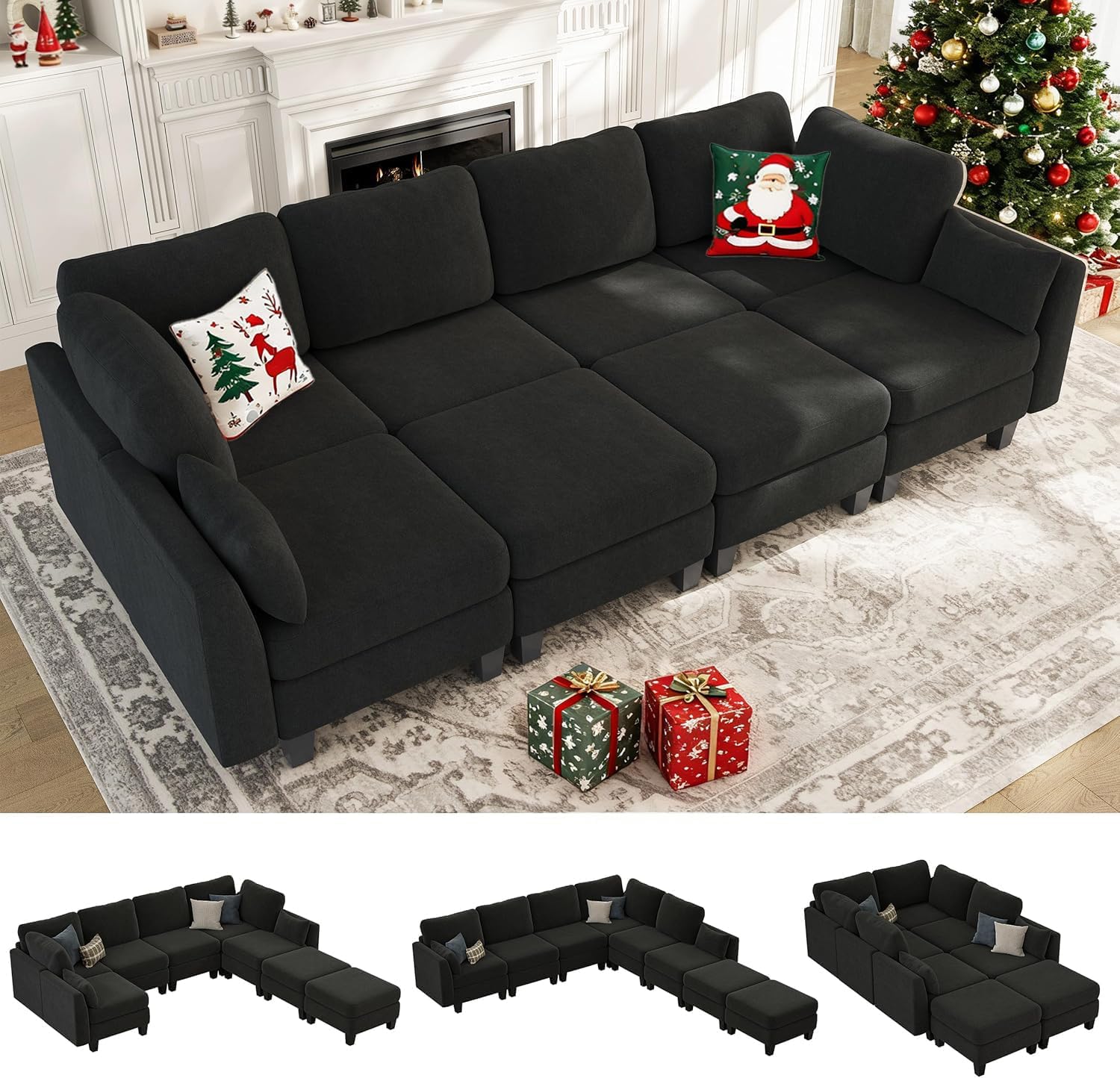 Sectional Sleeper Sofa, 8 Seaters Modular Sleeper Sofa Couch, Comfy Sectionals Couches Bed, Convertible Sofas with Ottomans, Modular Sectional Couches for Living Room, Black