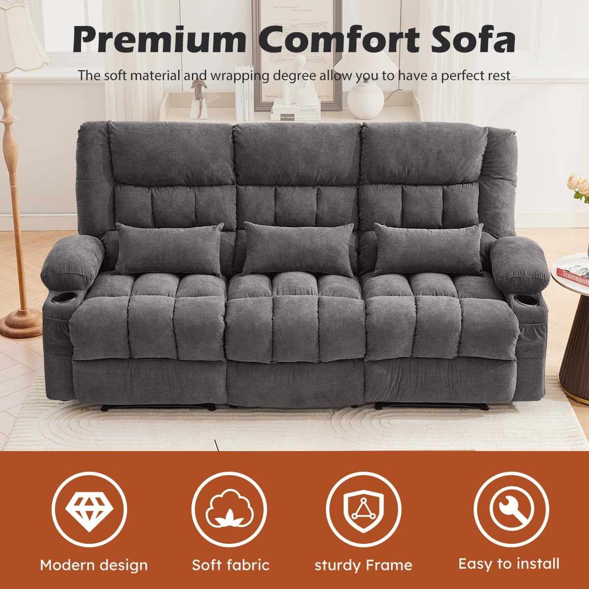 MAHOMICO Recliner Sofa with Cup Holders for Living Room 3 Seat Manual Oversized Recliner Chiar with Ergonomic, Side Pocket for Adult
