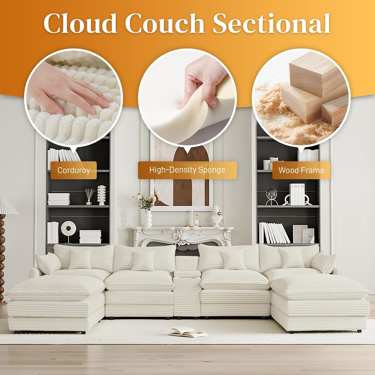 145'' U-Shaped Cloud Sofa, Beige Modular Sofa Suitable for Living Rooms Extra Large Comfortable and Fluffy Corduroy Sofa and Features USB Ports and Storage Ideal for Pet-Owning Families with Children