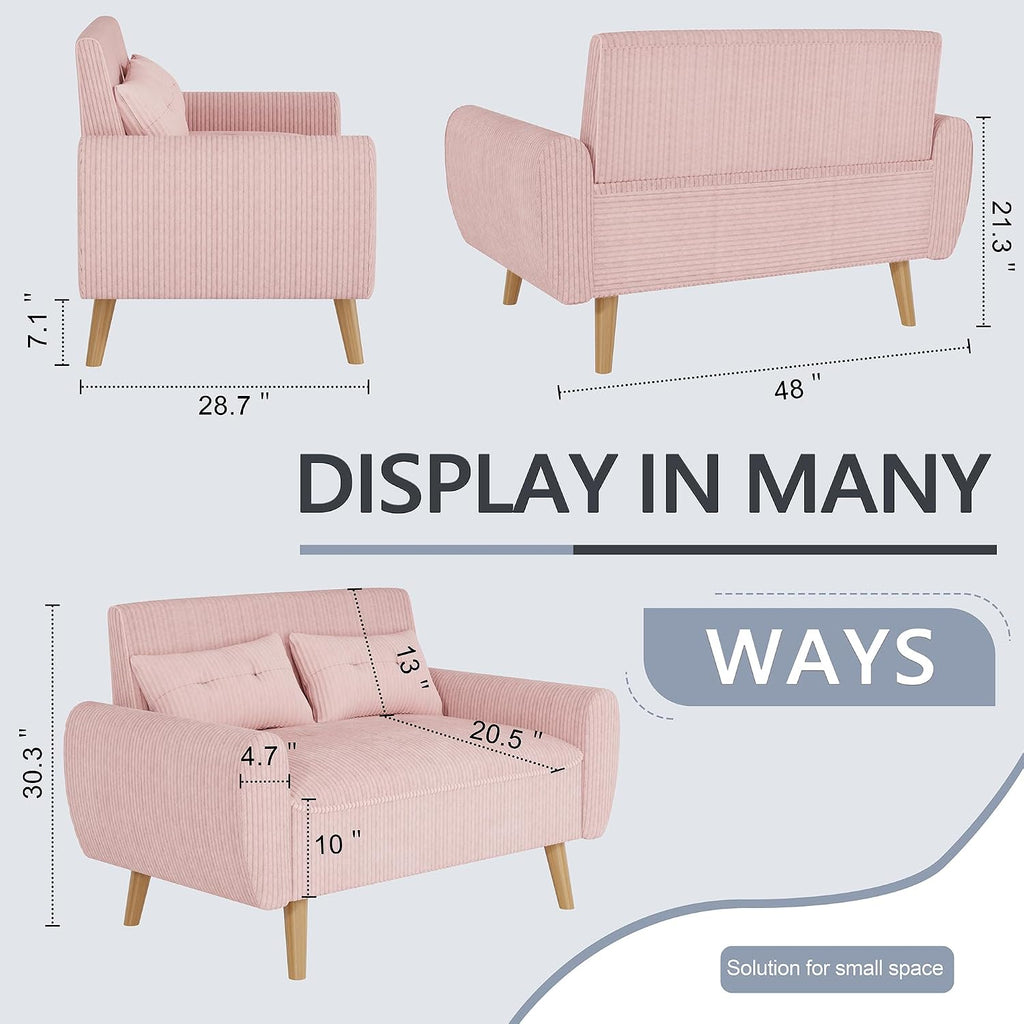 Shintenchi 48'' Loveseat Sofa, Mid-Century Modern Upholstered Couch Deep Seat with 2 Pillows, 10' Thick Cushion with Spring, Solid Wood Frame Small Couch for Living Room, Bedroom, Dorms & Office, Pink
