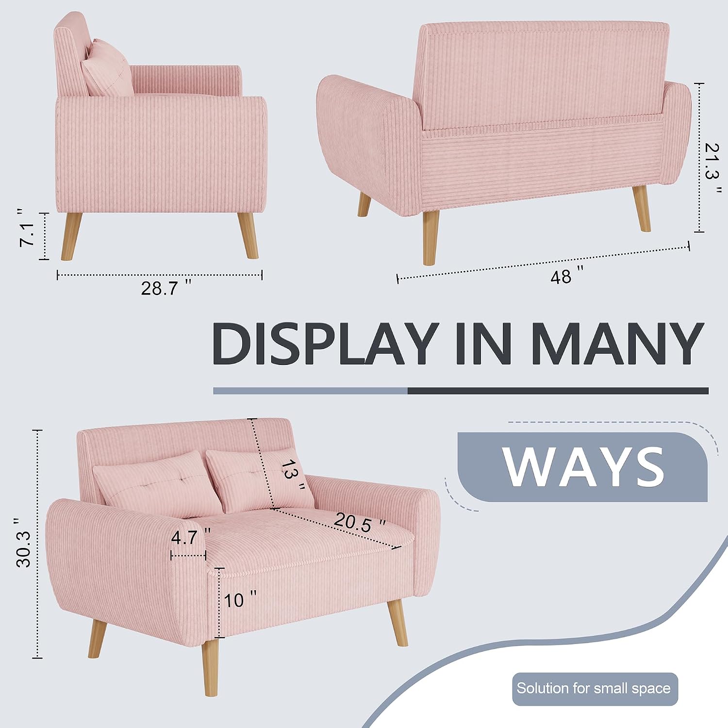 Shintenchi 48'' Loveseat Sofa, Mid-Century Modern Upholstered Couch Deep Seat with 2 Pillows, 10' Thick Cushion with Spring, Solid Wood Frame Small Couch for Living Room, Bedroom, Dorms & Office, Pink
