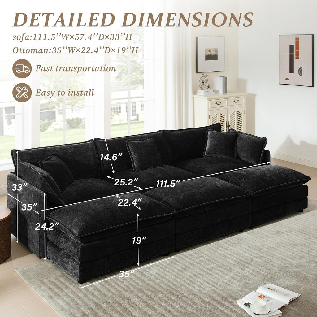 SoarFlash Chenille Sectional Sofa, Comfy Modular Coush Sofa with Ottoman, Modern 3 Seat Recliner Deep Seat Sofa Set for Living Room,Black