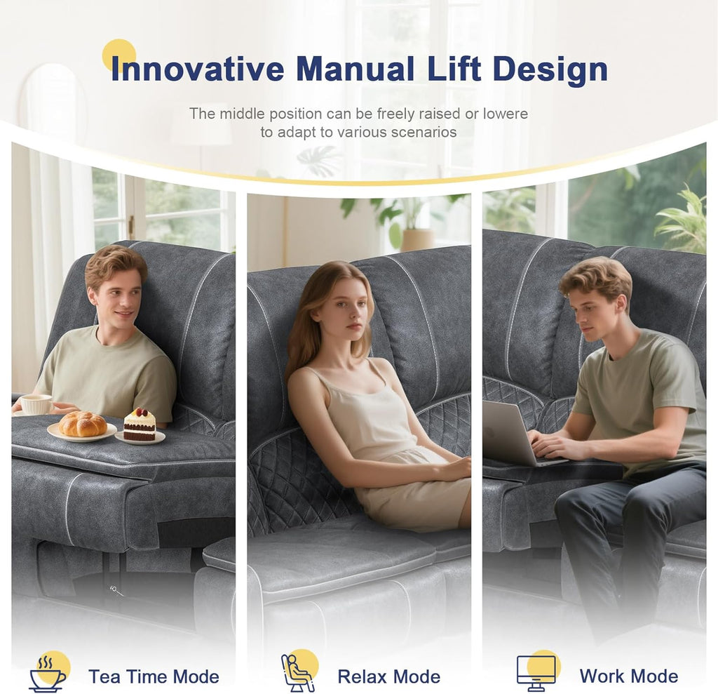 Redesigned Recliner Sofa 3 Seater Couch with Recliner, Home Theater Seating with Liftable Console & Removable Armrest, Manual Velvet Fabric Sofa Reclinering with Storage & USB Ports for Living Room