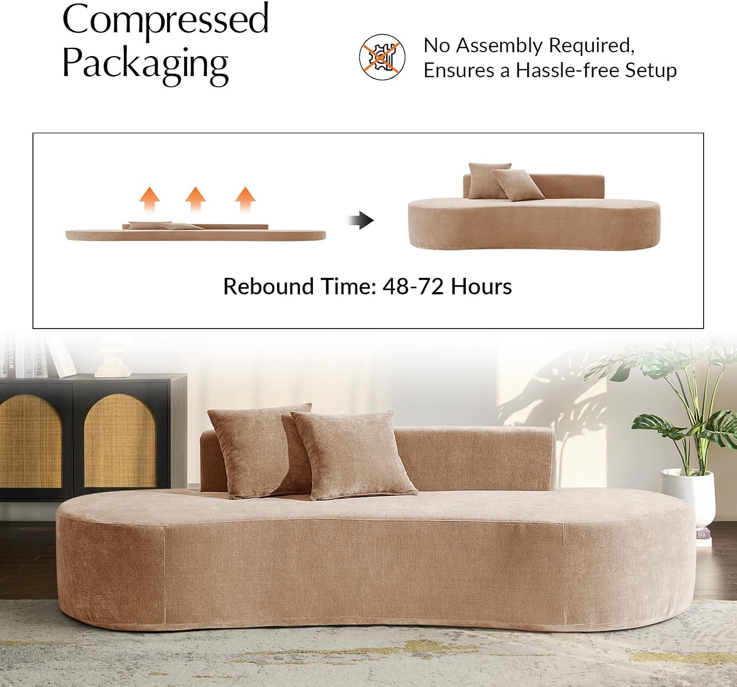 HULALA HOME 94.5' Curved Boneless Couch with Two Pillows, Oversized 3 Seater Compressed Foam Sofa with Deep Seat, Modern Cloud Couch for Living Room, No Assembly Required, Pink