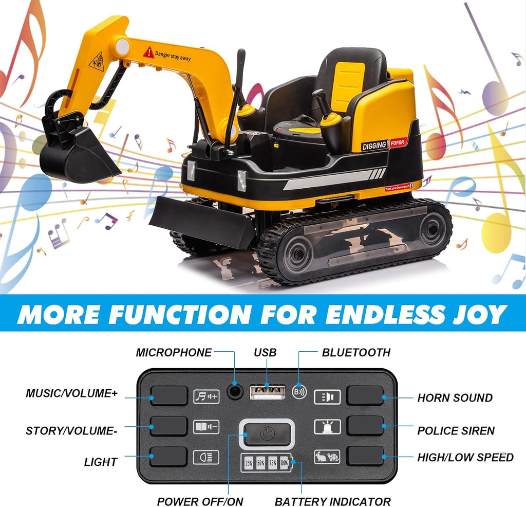 JOYLDIAS 360 Degree Rotating Ride On Excavator and Bulldozer,12V12AH Battery Powered Ride On Toy Backhoe W/Track Design Wheels for All Terrain,Remote Control,MP3,Toolbox for Kids,Parent,Yellow