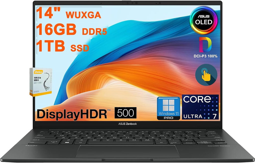 ASUS Zenbook 14 OLED Laptop | 14' WUXGA Lumina OLED Touch (100% DCI-P3, 500nits HDR) | Intel 16-core Ultra 7 255H (Up to 13 Tops) | 16GB DDR5 1TB SSD | Backlit Fingerprint Win11Pro w/DLCA Accessory