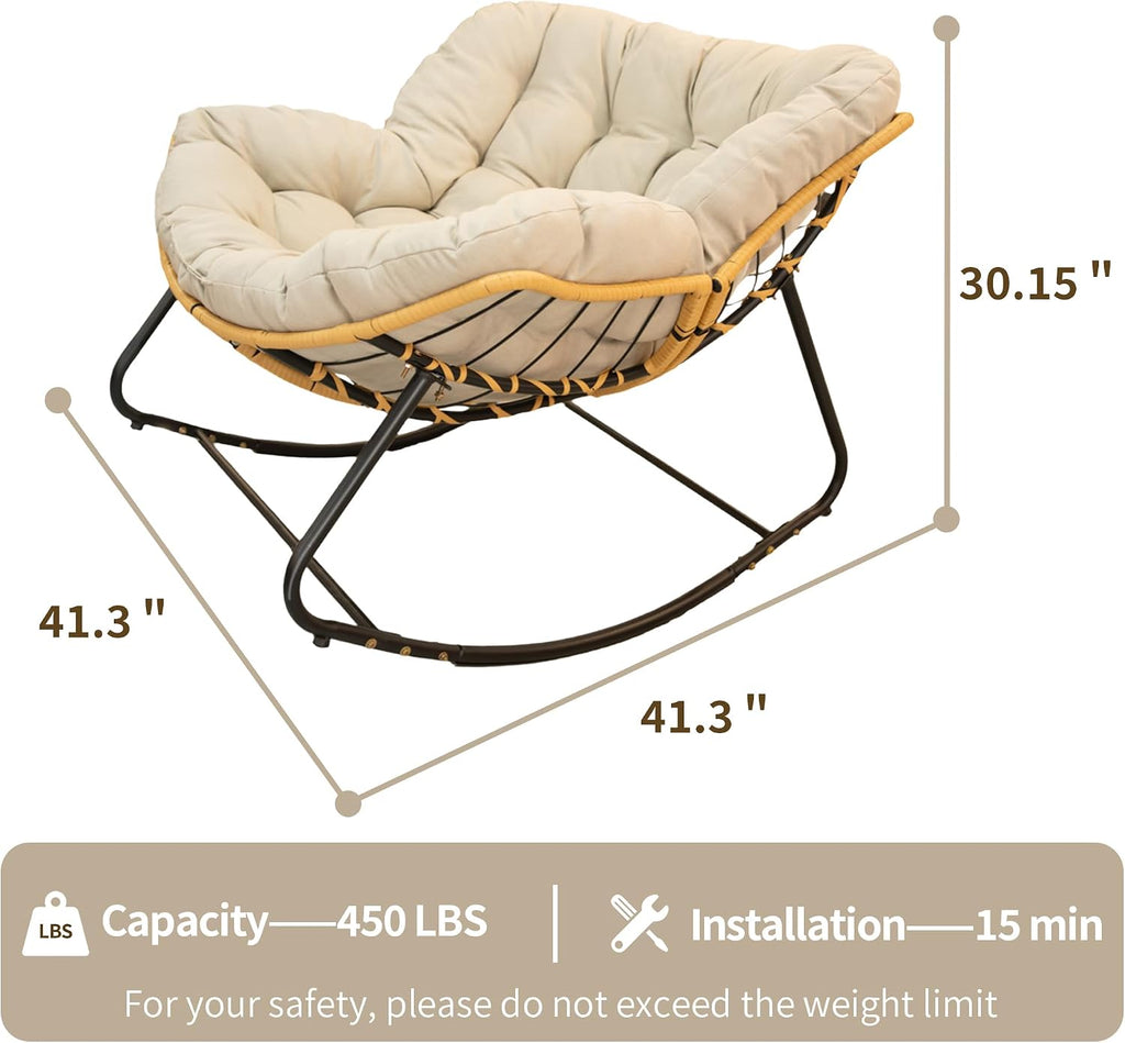 Patio Rocking Egg Chair - Outdoor Rocking Chair with Thick Cushion, Modern Indoor Outdoor Papasan Rocking Chair, Lounge Rocker for Balcony, Living Room, Bedroom, Porch, Patio, Lawn, Garden (Beige)
