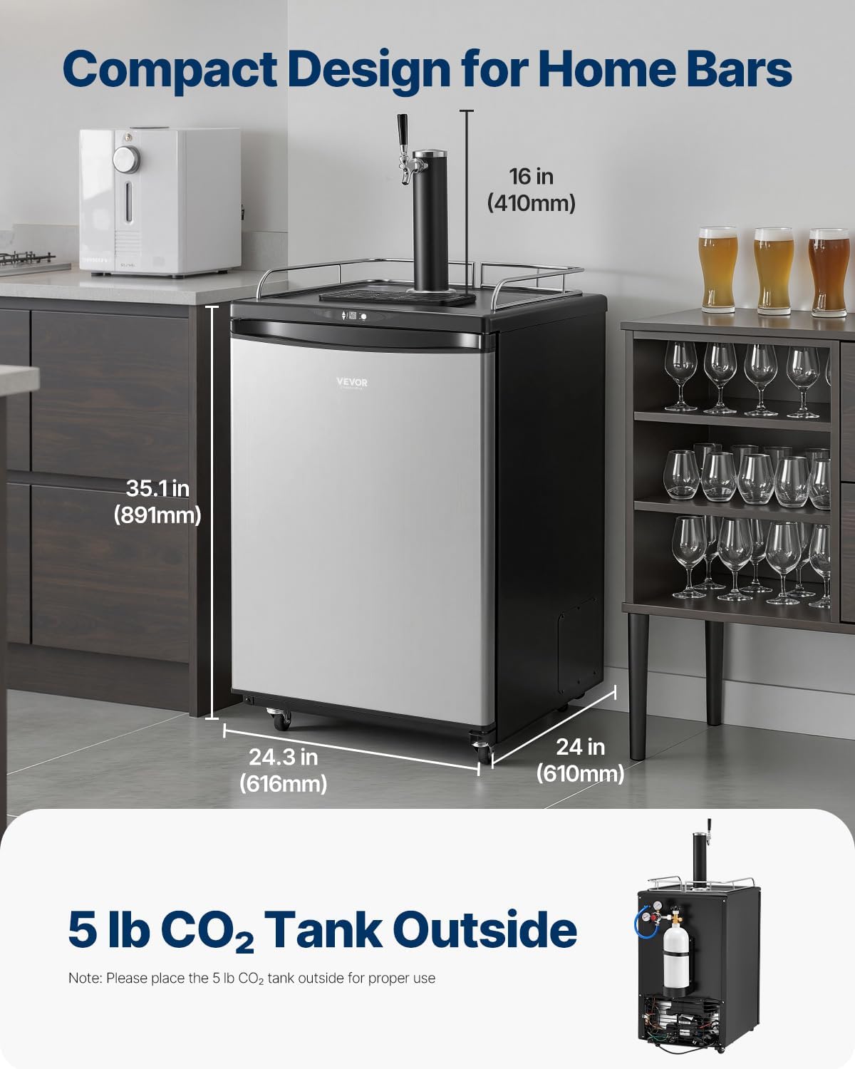 VEVOR Beer Kegerator, Single Tap Commercial Draft Beer Dispenser for D system, Full Size Keg Refrigerator with 5lbs CO2 Tank, Hold 2 Sixth / 3 Ball lock keg, Silver
