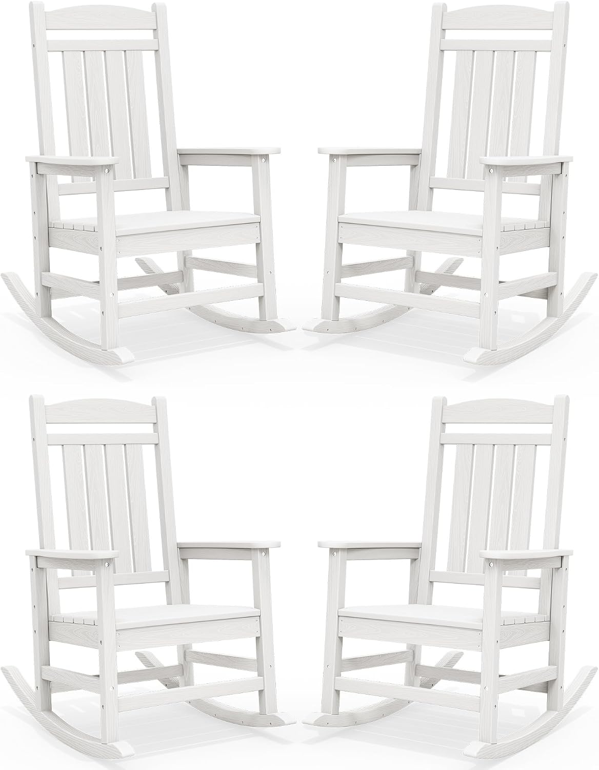 SERWALL Oversized Outdoor Rocking Chairs Set of 4, Oversized HDPE Porch Rockers for Adults, All-Weather Composite Patio Rocking Chairs, White