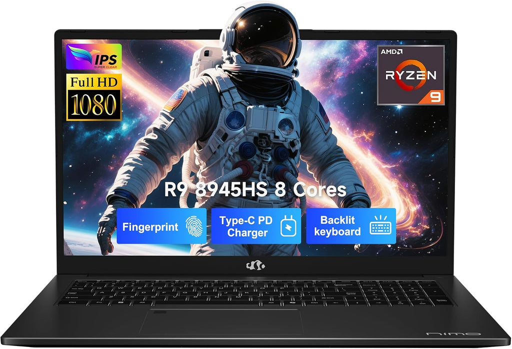 NIMO 17.3 Gaming-Laptop Ryzen 9 8945HS (Beat i9-13900H, Up to 5.2GHz) 32GB RAM, 2TB SSD, Radeon 780M, PD 100W Type-C AI-Enhanced for Copilot VR Ready, Backlit Keyboard, Fingerprint, 75W Battery