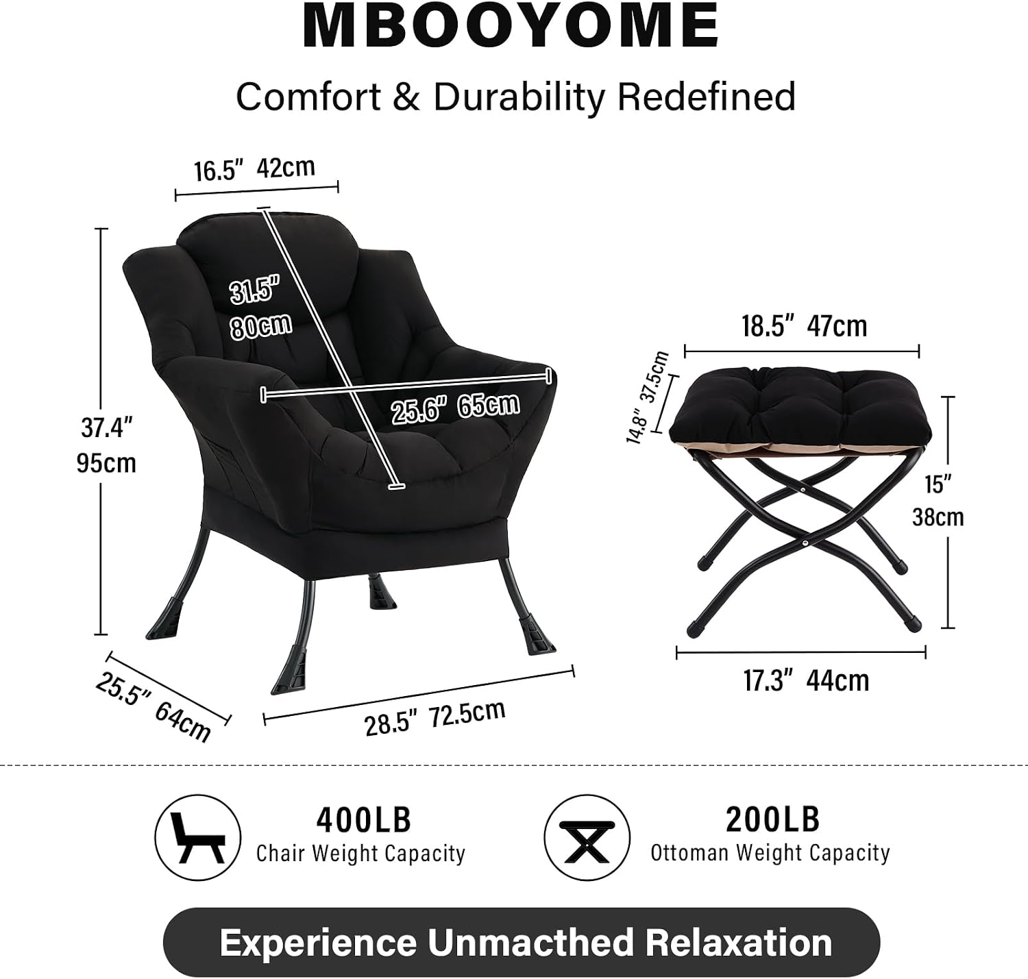 MBOOYOME Lazy Chair with Folding Ottoman, Modern Accent Lounge Armchair with Armrests and a Side Pocket & Foldable Footstool, Leisure Reading Chair for Living Room, Bedroom, Dorm & Office, Black