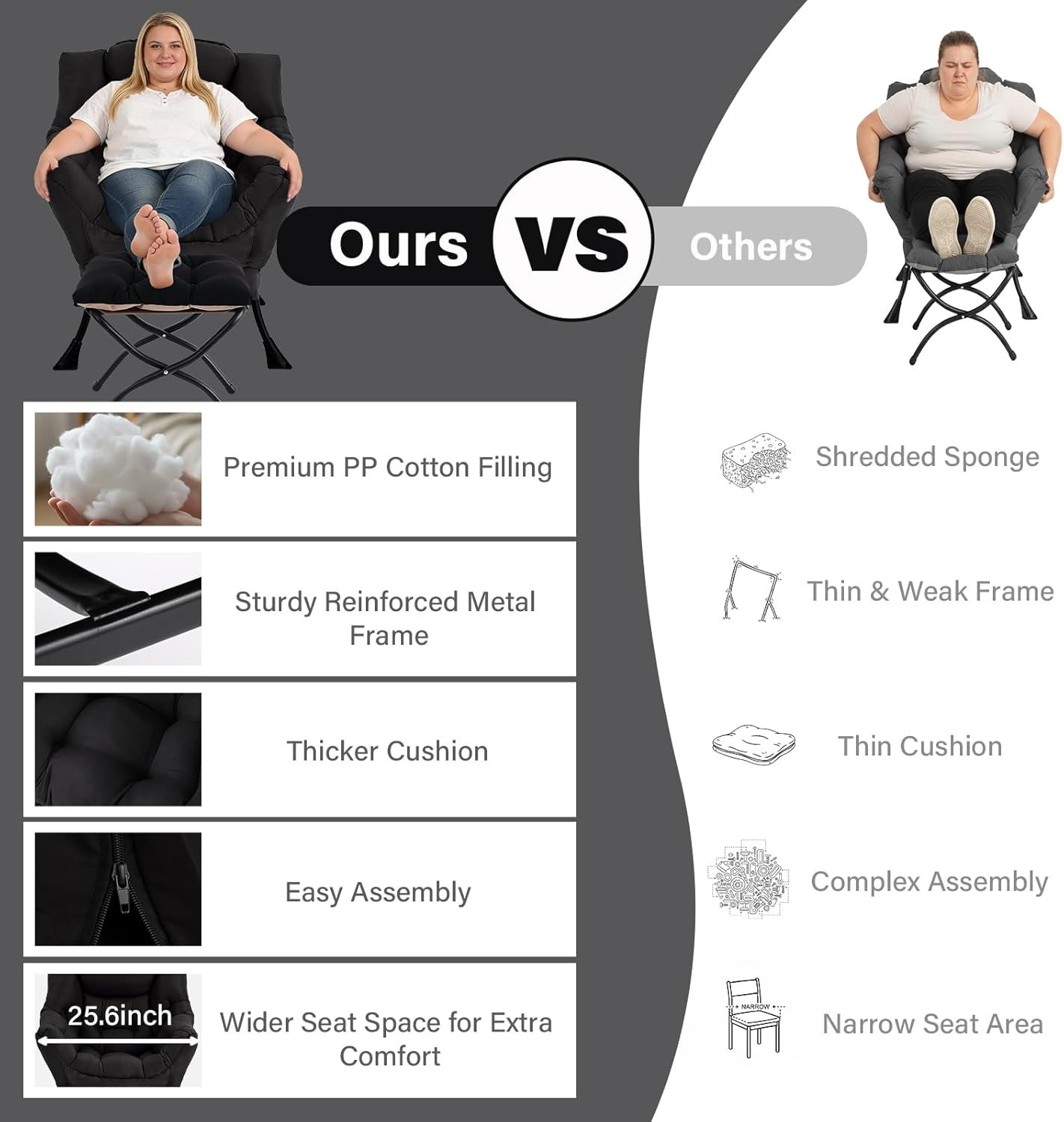 MBOOYOME Lazy Chair with Folding Ottoman, Modern Accent Lounge Armchair with Armrests and a Side Pocket & Foldable Footstool, Leisure Reading Chair for Living Room, Bedroom, Dorm & Office, Black