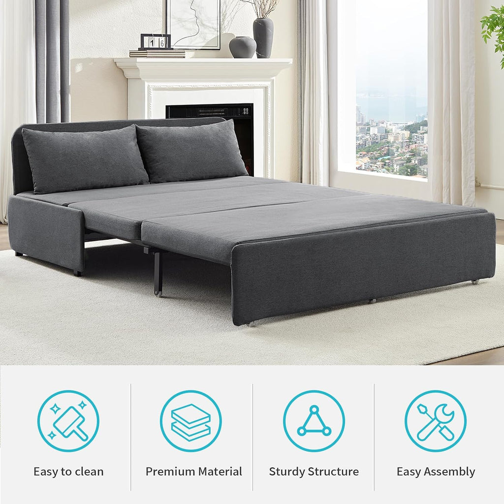 CECER 64.2' Queen Size Pull Out Sofa Bed, Pull Out Couch Bed with 2 Pillows, Linen Convertible Sleeper Sofa with Comfy Mattress, 2 in 1 Armless Loveseat Sleeper for Living Room-Dark Grey