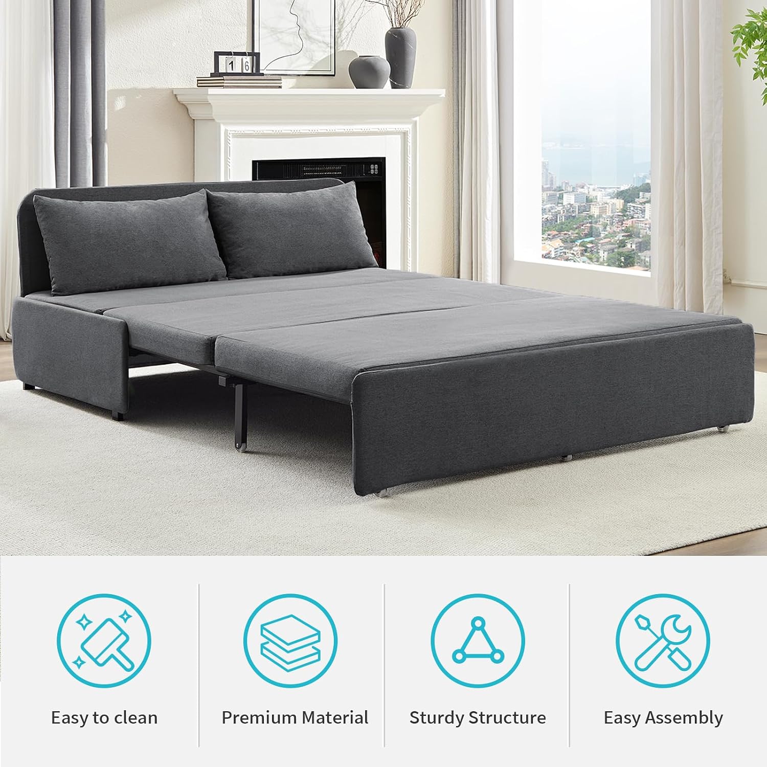 CECER 64.2' Queen Size Pull Out Sofa Bed, Pull Out Couch Bed with 2 Pillows, Linen Convertible Sleeper Sofa with Comfy Mattress, 2 in 1 Armless Loveseat Sleeper for Living Room-Dark Grey