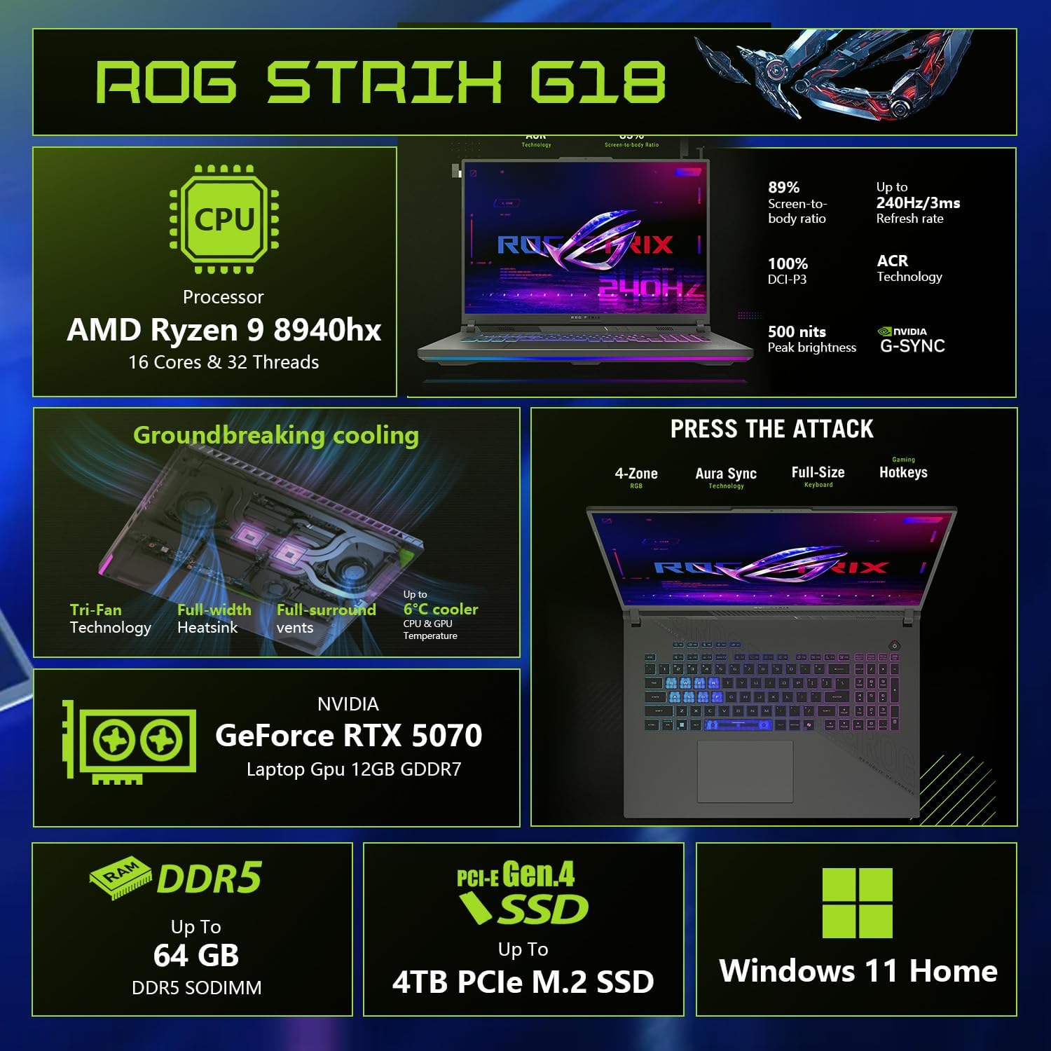 ASUS ROG Strix G18 RTX 5070 Pro Gaming Laptop, 18' ROG Nebula 2.5K 240Hz/3ms, AMD Ryzen 9 8940HX, NVIDIA RTX 5070 with ROG Boost, 64GB DDR5, 4TB SSD, RGB KB, ROG Cooling, Bundle with HyperX Headset
