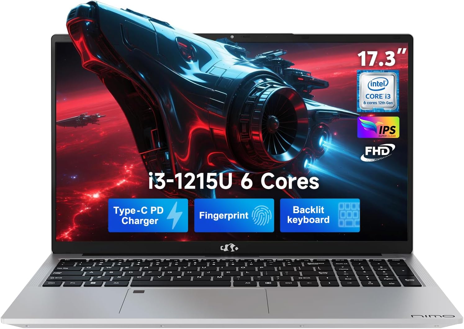 NIMO 17 Inch FHD IPS Laptop, 6 Cores i3-1215U 16GB RAM 1TB SSD (Up to 4.4GHz, Beat Ryzen 5 7520U) School Computer with 65W Type-C Wi-Fi 6 Backlit KB Fingerprint for Business