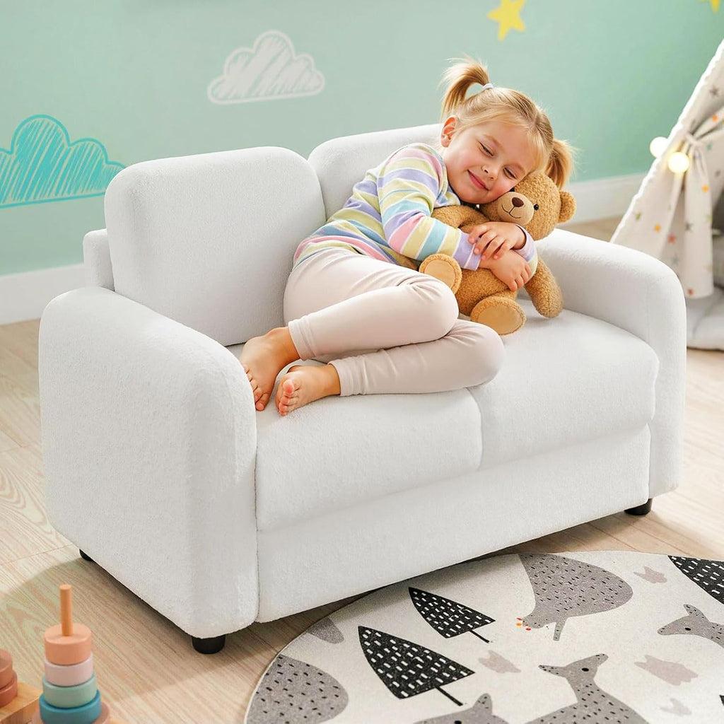 Costzon Kids Couch, 2 Seat Toddler Armrest Chair w/Teddy Fleece Upholstery & Solid Wooden Frame, Double Seat Children's Sofa for Preschool, Bedroom, Playroom, Daycare, Ideal Gift for Girls Boys