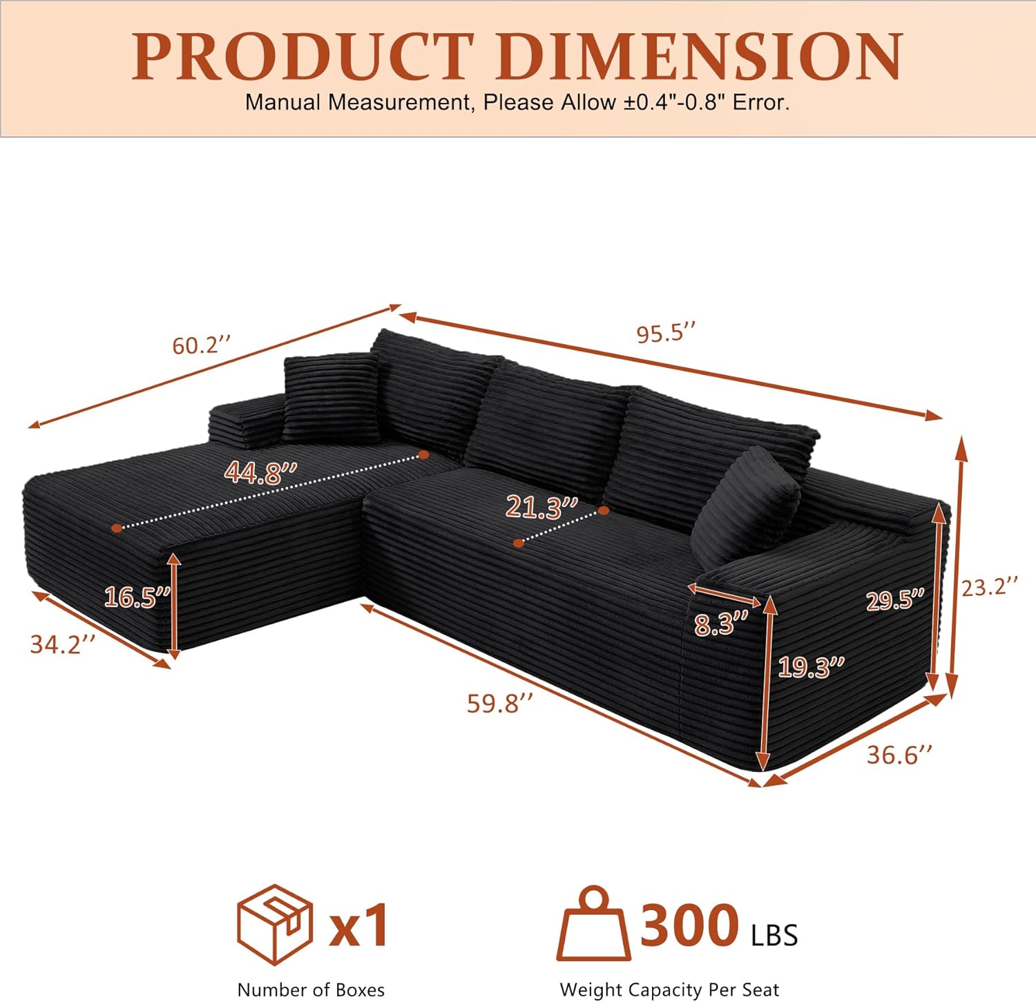95' Boneless Couches for Living Room, L Shaped Comfy Cloud Modular Sectional Memory Foam Deep Seat Boneless Couch, No Assembly Required Boneless Sofa for Living Room with Left Facing Chaise, Black