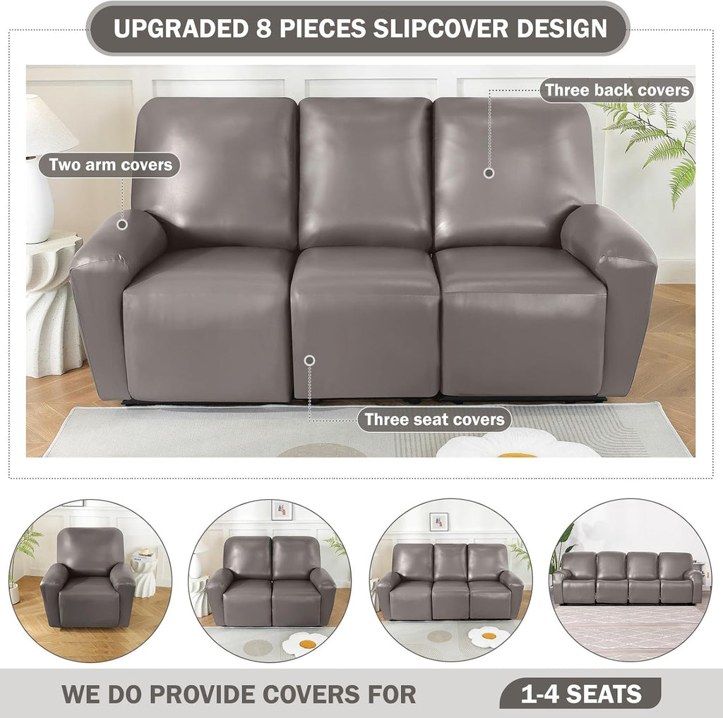 vctops 8 Pieces Waterproof Faux PU Leather Recliner Sofa Covers Stretch Soft 3 Seats Couch Cover Anti-Slip Sofa Slipcover Furniture Protector with Elastic Bottom for Kids Pet(Grey Brown,3 Seat)