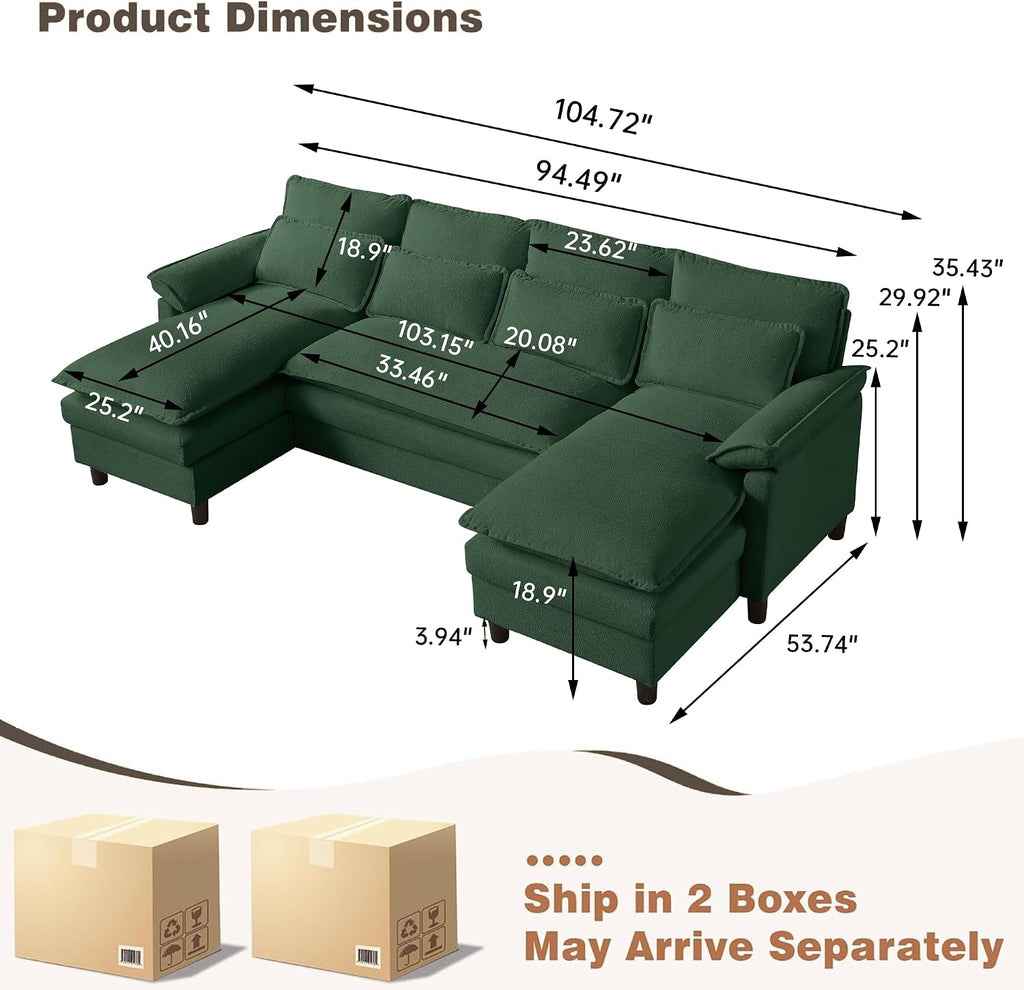 110' Comfy Cloud Couch Sectional Sofa with Lumbar Pillows, Modern U-Shaped Cloud Sofa with Double Chaise & Deep Seat for Living Room, or Office, Easy Assembly, Dark Green