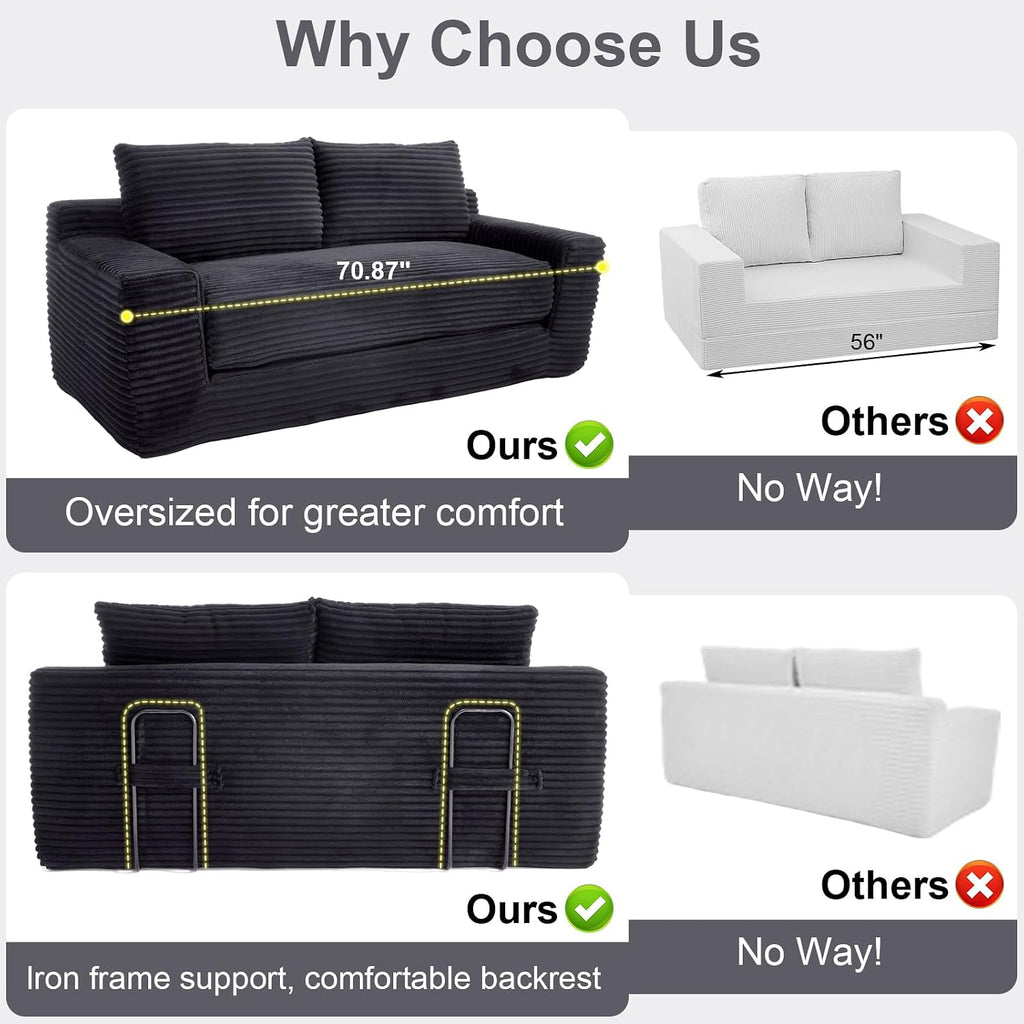 GNIXUU 71' Corduroy Cloud Loveseat Sofa, 2 in 1 Convertible Sleeper Sofa with Fixed-Shape Frame, Comfy Folding Boneless Love Seat Couches for Living Room, Apartment, Small Spaces Drak Grey