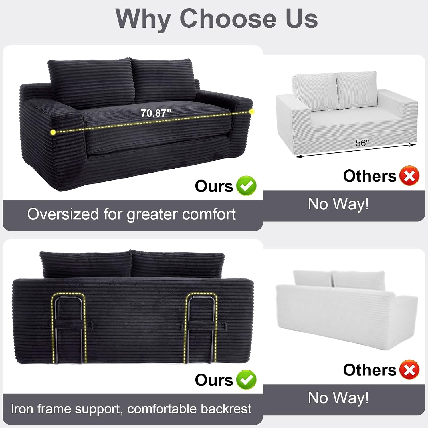 GNIXUU 71' Corduroy Cloud Loveseat Sofa, 2 in 1 Convertible Sleeper Sofa with Fixed-Shape Frame, Comfy Folding Boneless Love Seat Couches for Living Room, Apartment, Small Spaces Drak Grey