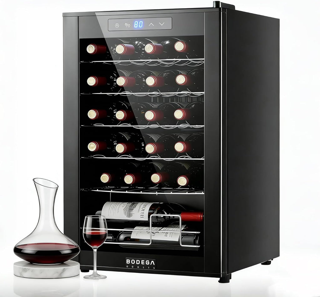 BODEGA COOLER 24 Bottle Wine Cooler, 2.5 Cu.Ft Mini Fridge with Lock, Freestanding & Under Counter, Small Refrigerator for Office, Bedroom and Home Bar, Double Glass Door & Digital Temp Control