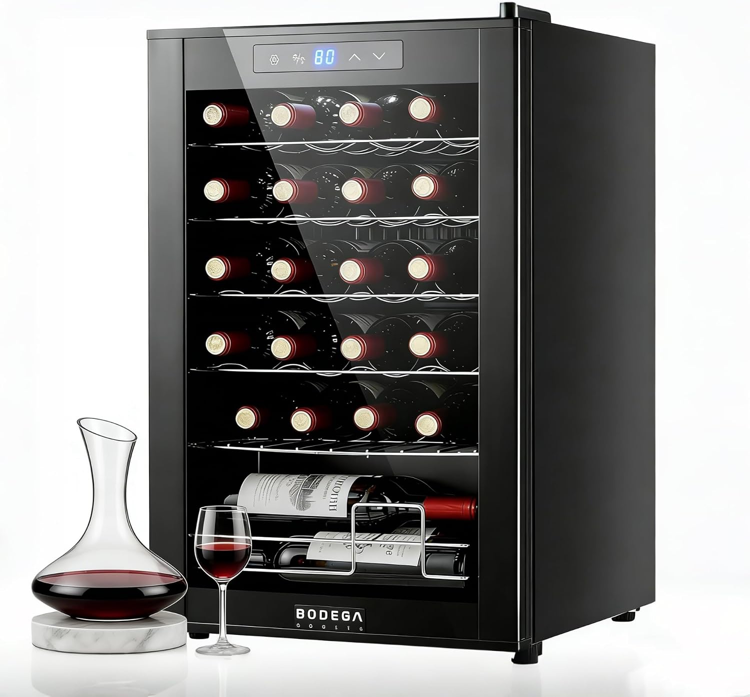 BODEGA COOLER 24 Bottle Wine Cooler, 2.5 Cu.Ft Mini Fridge with Lock, Freestanding & Under Counter, Small Refrigerator for Office, Bedroom and Home Bar, Double Glass Door & Digital Temp Control