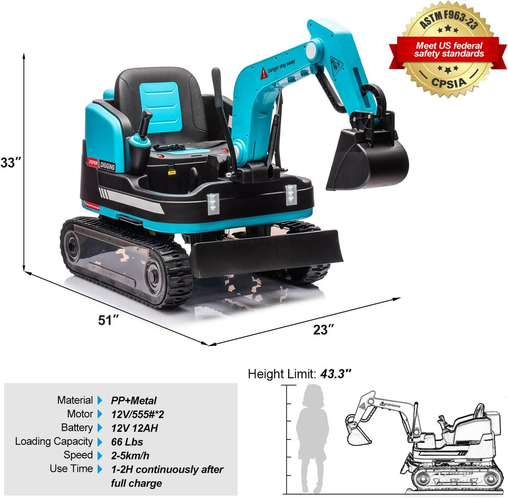 JOYLDIAS 360 Degree Rotating Ride On Excavator and Bulldozer,12V12AH Battery Powered Ride On Toy Backhoe W/Track Design Wheels for All Terrain,Remote Control,MP3,Toolbox for Kids,Parent,Blue