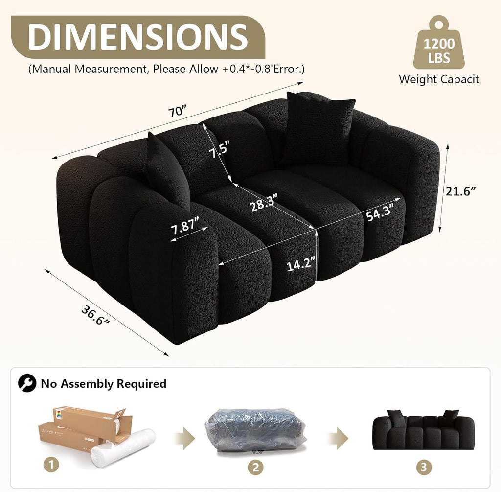 WHGBJA 70' Modern Chenille Fabric Sofa Couch – One-Piece Memory Foam 3-Seater Sofa with Rounded Arms, Soft & Cozy Upholstery for Living Room (Black)