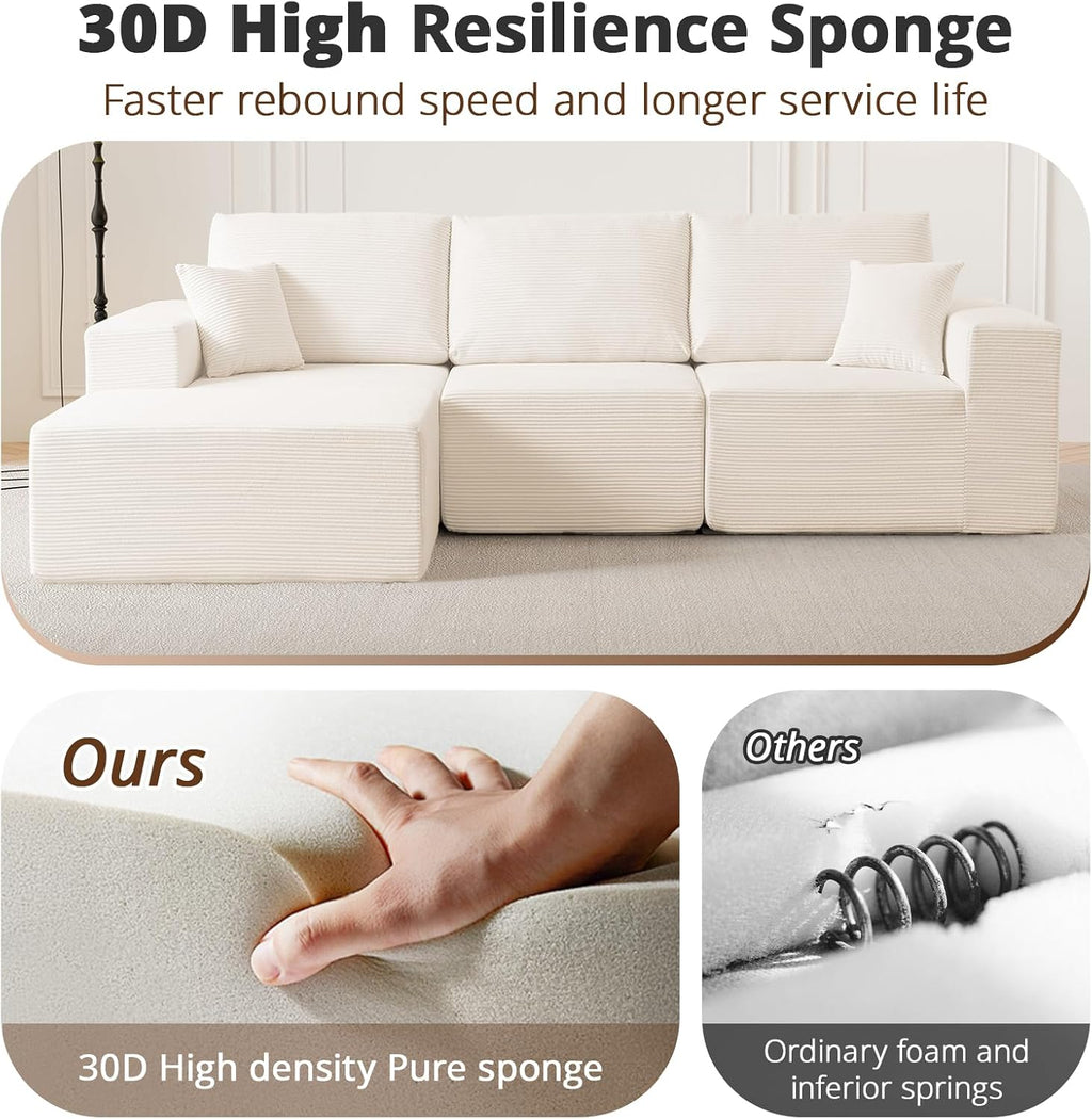 108' L-Shaped Boneless Couch, High Seat Modular Sectional Sofa with Moveable Ottoman, Corduroy Cloud Couches for Living Room, No Assembly, Ship in a Box, White