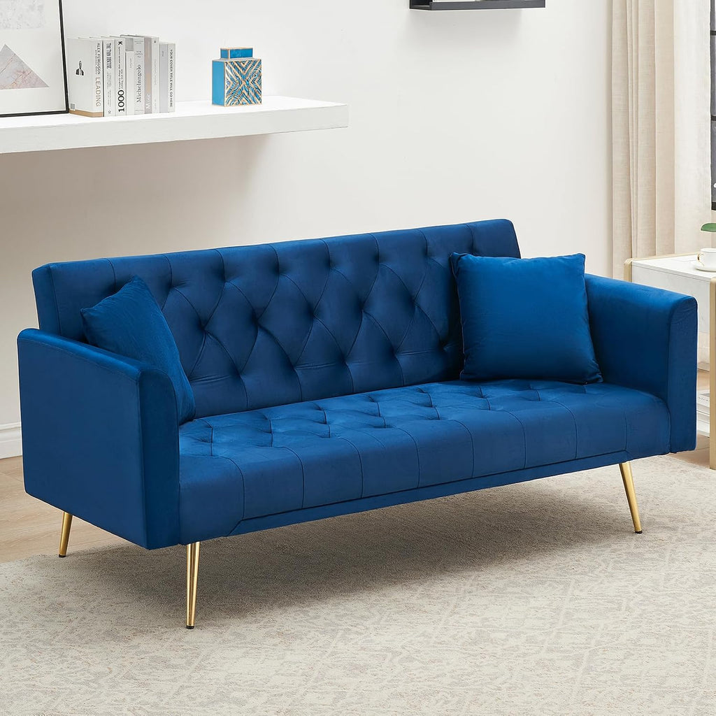 71' Modern Velvet Sofa Bed Futon, Convertible Sleeper Couch with Adjustable Backrest, Tufted Recliner Loveseat with Golden Chrome Legs & 2 Pillows for Small Spaces, Living Room, Apartment (Blue)