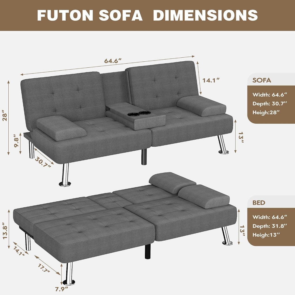 Homall Futon Sofa Bed, Futon Couch with Removable Armrests, Adjustable Recliner Sleeper Sofa Bed with Dual Cup Holders for Living Room, Apartment, Office (Fabric, Dark Grey)