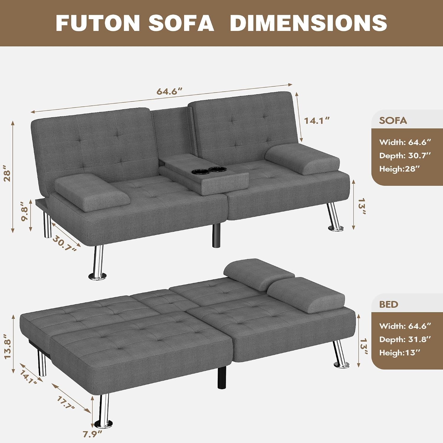 Homall Futon Sofa Bed, Futon Couch with Removable Armrests, Adjustable Recliner Sleeper Sofa Bed with Dual Cup Holders for Living Room, Apartment, Office (Fabric, Dark Grey)