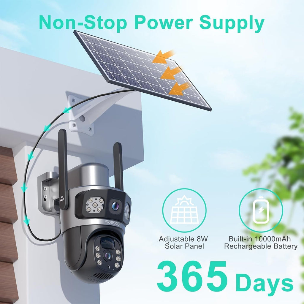 SANSCO 2K Dual Lens Solar Security Camera Wireless Outdoor, 2.4G & 5G WiFi, 360° PTZ Home Security Camera, 100% Wired Free, Spotlight Color Night Vision, 2-Way Audio, PIR Motion Detection(2 Pack)