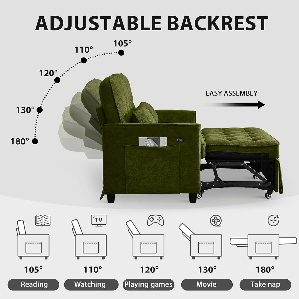 Convertible Sofa Bed, 3 in 1 Pull Out Couch, Loveseat Sleeper with Side Pocket, Living Room Sofa with Adjustable Backrest | USB Charging Port | Two Pillows | Fabric | Green Couch