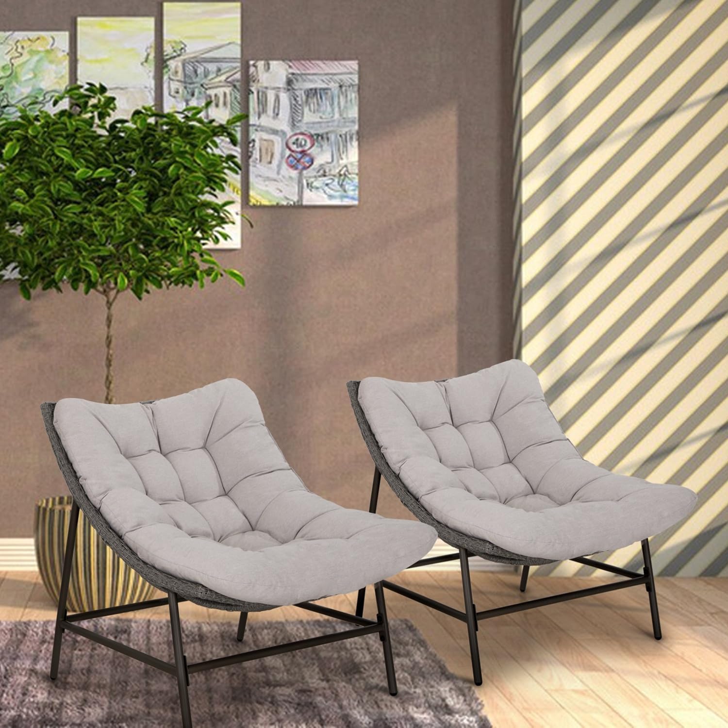 MFSTUDIO Outdoor Scoop Rattan Egg Lounge Chairs Patio Seating for 2, Comfy Outdoor Acapulco Rattan Papasan Patio Wicker Chair Set of 2 with Cushions, Outside Wicker Egg Chairs, 330lbs