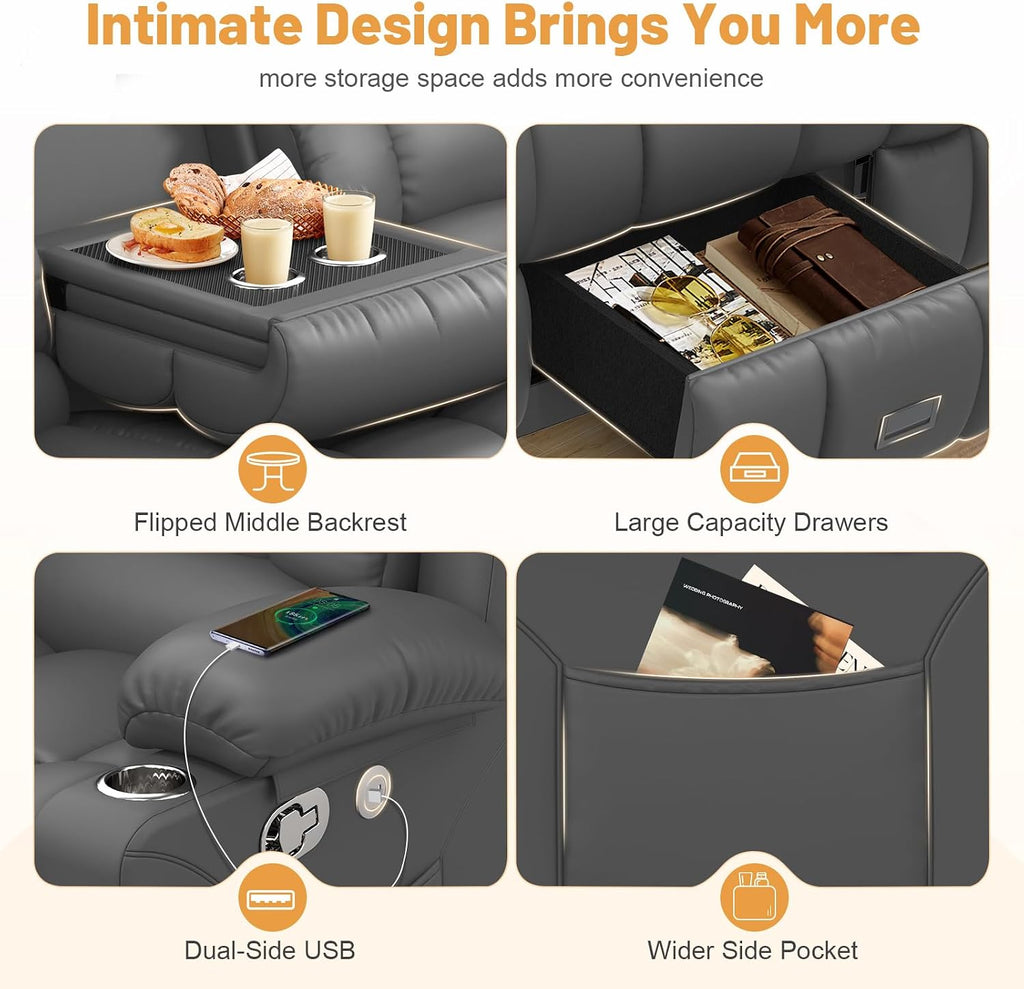 Dresegmt Loveseat Recliner Sofa, Flip Middle Backrest Design PU Leather 3 Seat Reclining Sofa with Storage Drawer, Manual Couch for Living Room/RV (Gray, PU)
