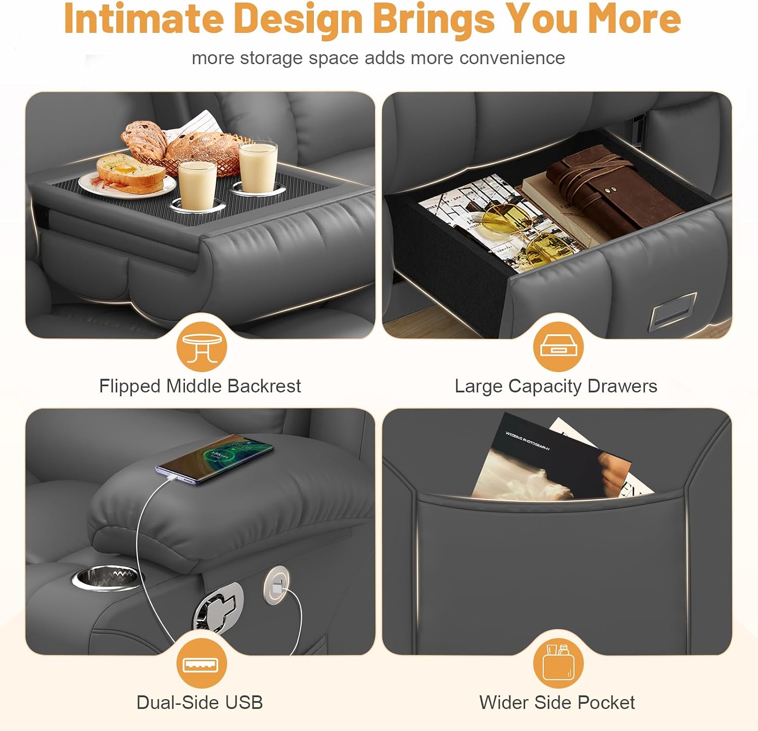 Dresegmt Loveseat Recliner Sofa, Flip Middle Backrest Design PU Leather 3 Seat Reclining Sofa with Storage Drawer, Manual Couch for Living Room/RV (Gray, PU)