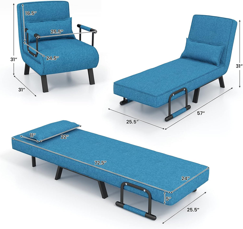 Giantex Convertible Sofa Bed, 4-in-1 Folding Sleeper Chair w/Pillow, Modern Recliner Guest Bed with 6 Positions Adjustable Backrest, Metal Legs, Linen Armchairs for Nursery Living Room Office (Blue)