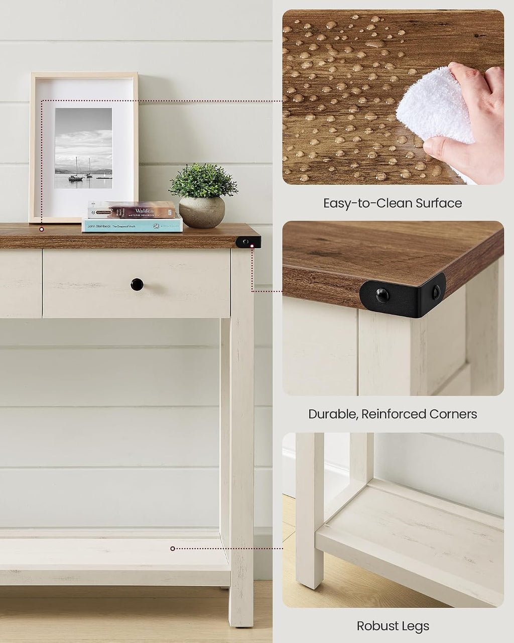 VASAGLE LIRY Collection - Console Table with 3 Drawers and Open Storage Shelf, Narrow Entryway Sofa Table for Living Room, Farmhouse Style, Metal Corners, Honey Brown and Rustic White ULNT142WJ02S