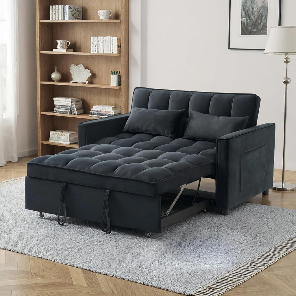 ECHINGLE Sleeper Sofa Bed, 3-in-1 Velvet Pull Out Couch with Armrests, Storage Pockets and 2 Pillows, Adjustable Backrest, Pull Out Sofa Bed Couch for Living Room, Bedroom(Black)