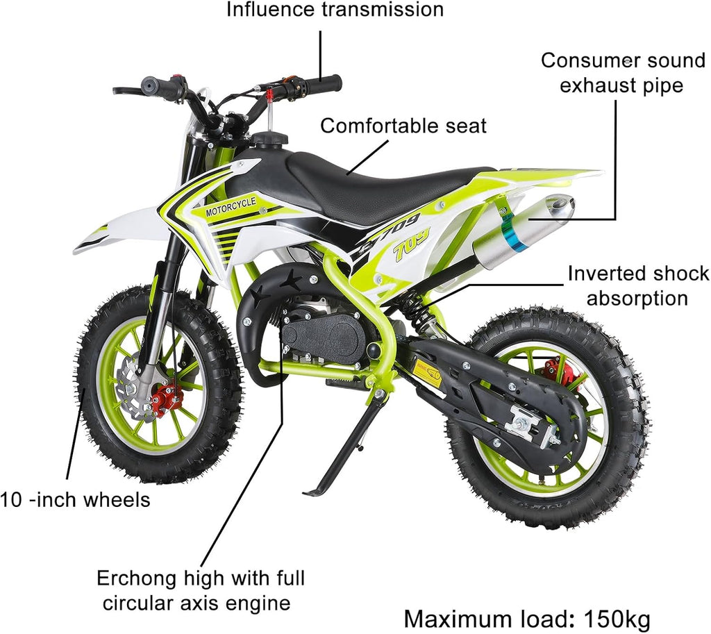 50cc Kids Dirt Bike | Gas Powered Mini Motorcycle for Ages 8-14 with 10' Off-Road Tires & Front-Rear Disc Brakes Green B