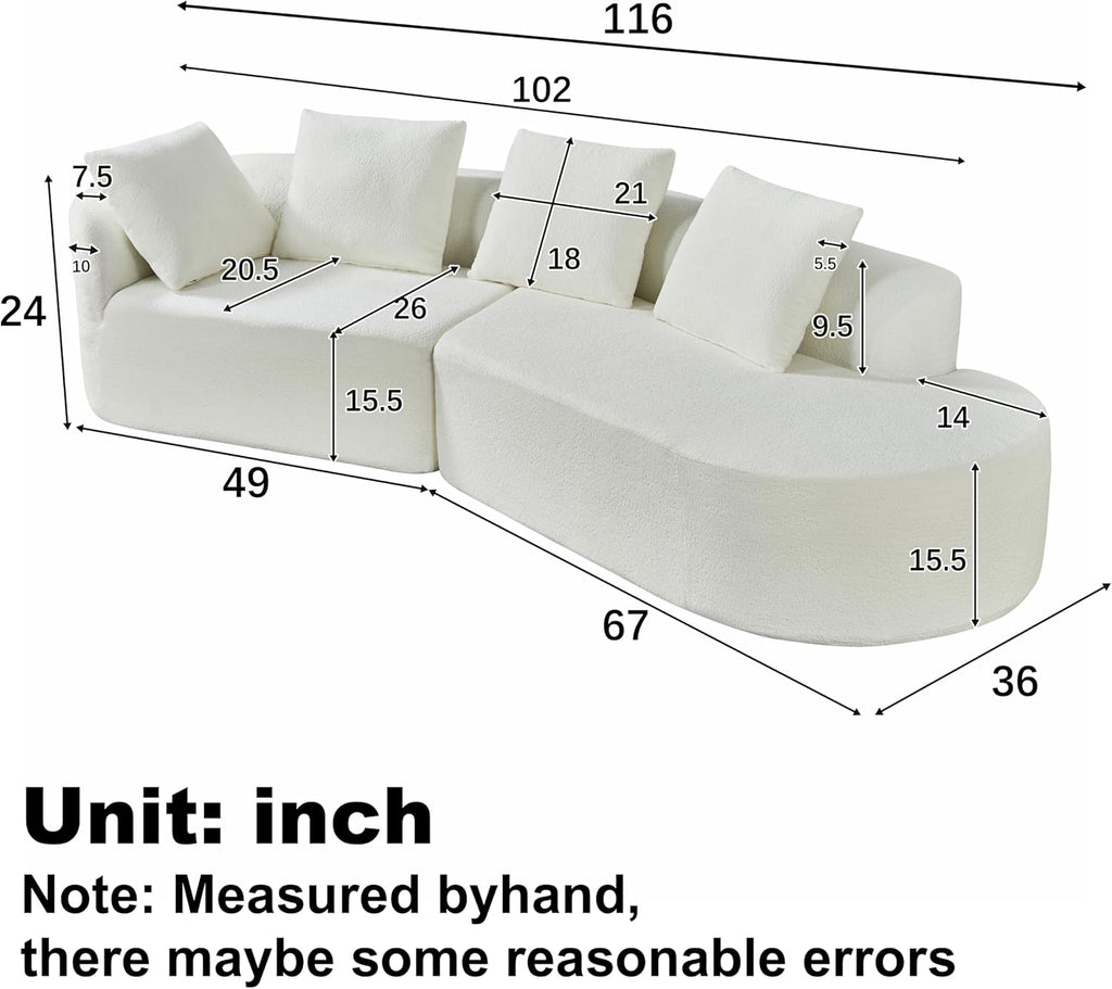 Christopher Knight Home Randa Modern Fabric Upholstered 5-Seater Sofa, Oversized Chair Cloud Couch, Fully Assembled Long Sofa Chaise Lounge, Fully Assembled, Milky White